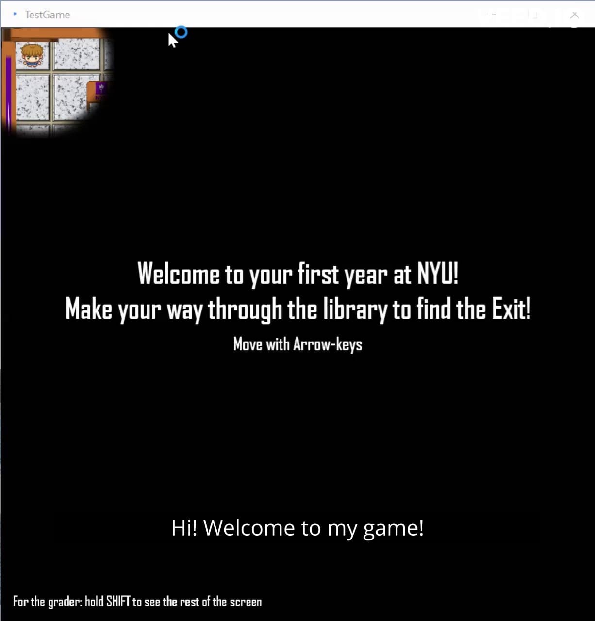 NYU maze game welcome screen with flashlight preview