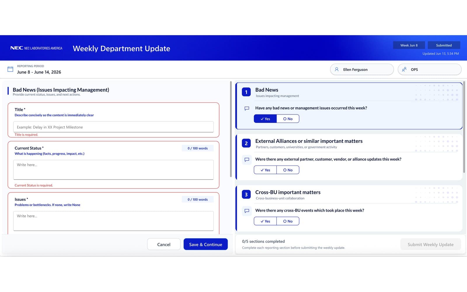 Weekly reporting submission application screenshot
