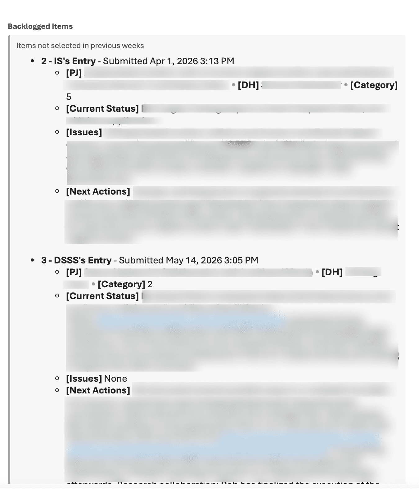 Backlogged items in topic selection email